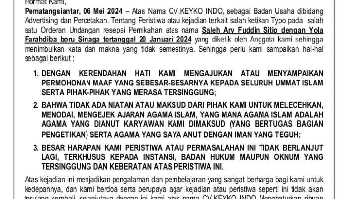 CV. Keyko Indo Sampaikan Permohonan Maaf